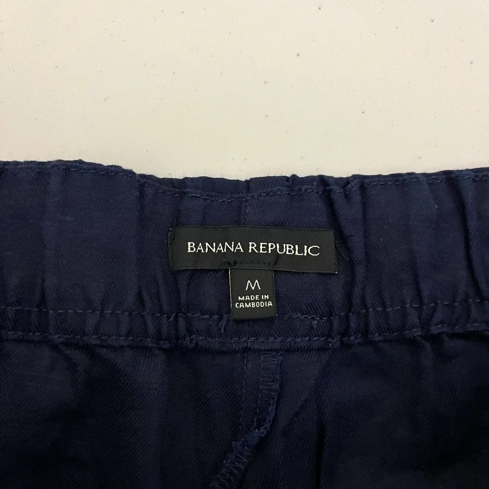Banana Republic Women Navy Blue Tapered Crop Pant Elastic Waist Lyocell Linen M